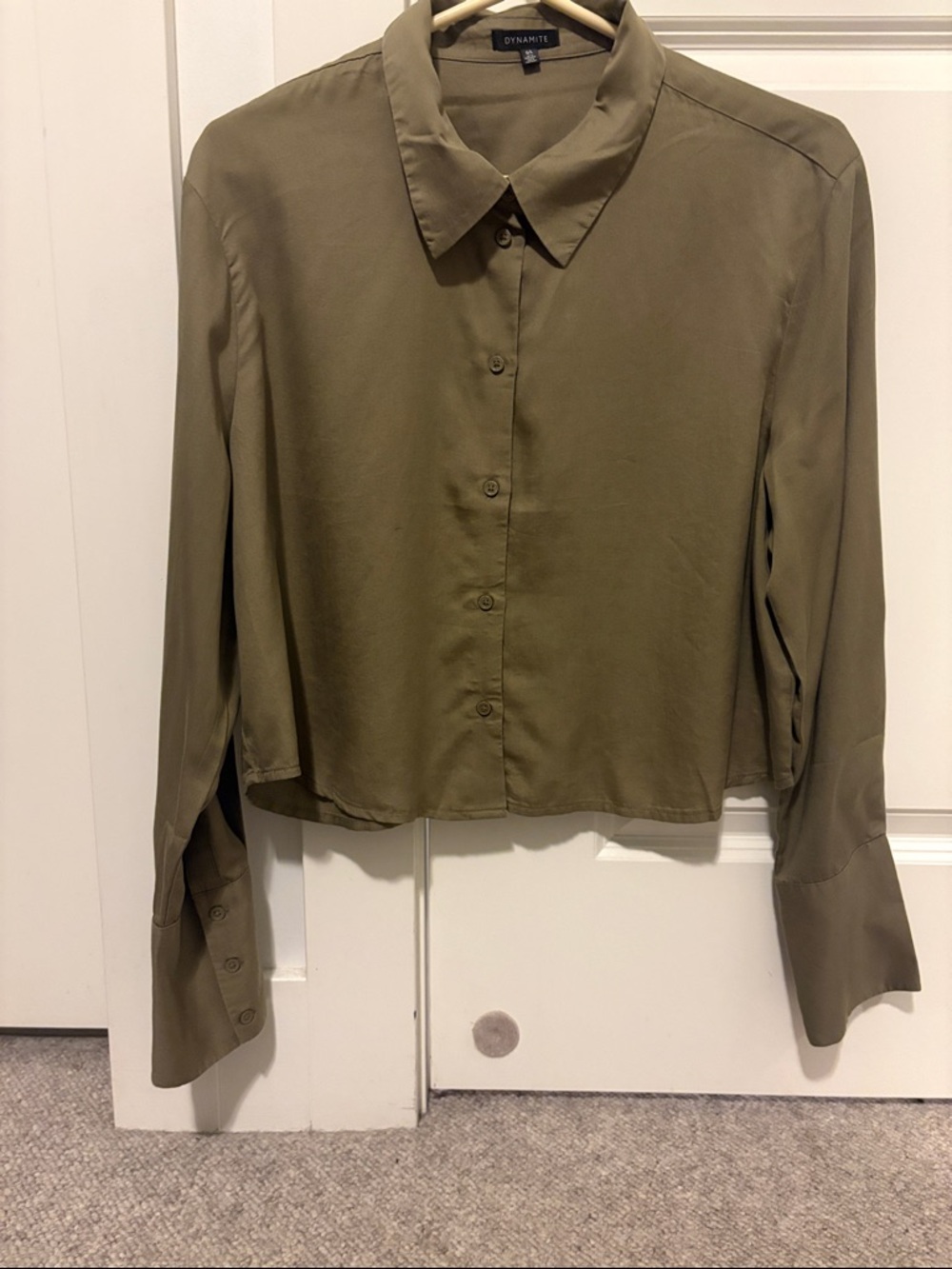 Dynamite Cropped Button-Down Shirt in Olive
